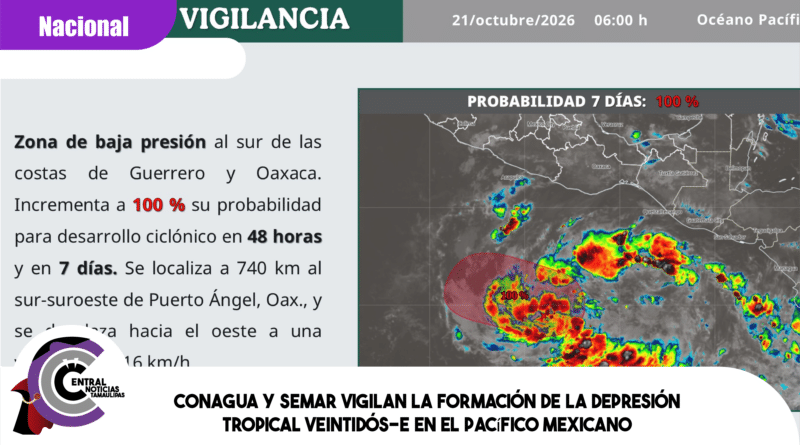 Conagua y Semar vigilan la formación de la depresión tropical Veintidós-E en el Pacífico mexicano